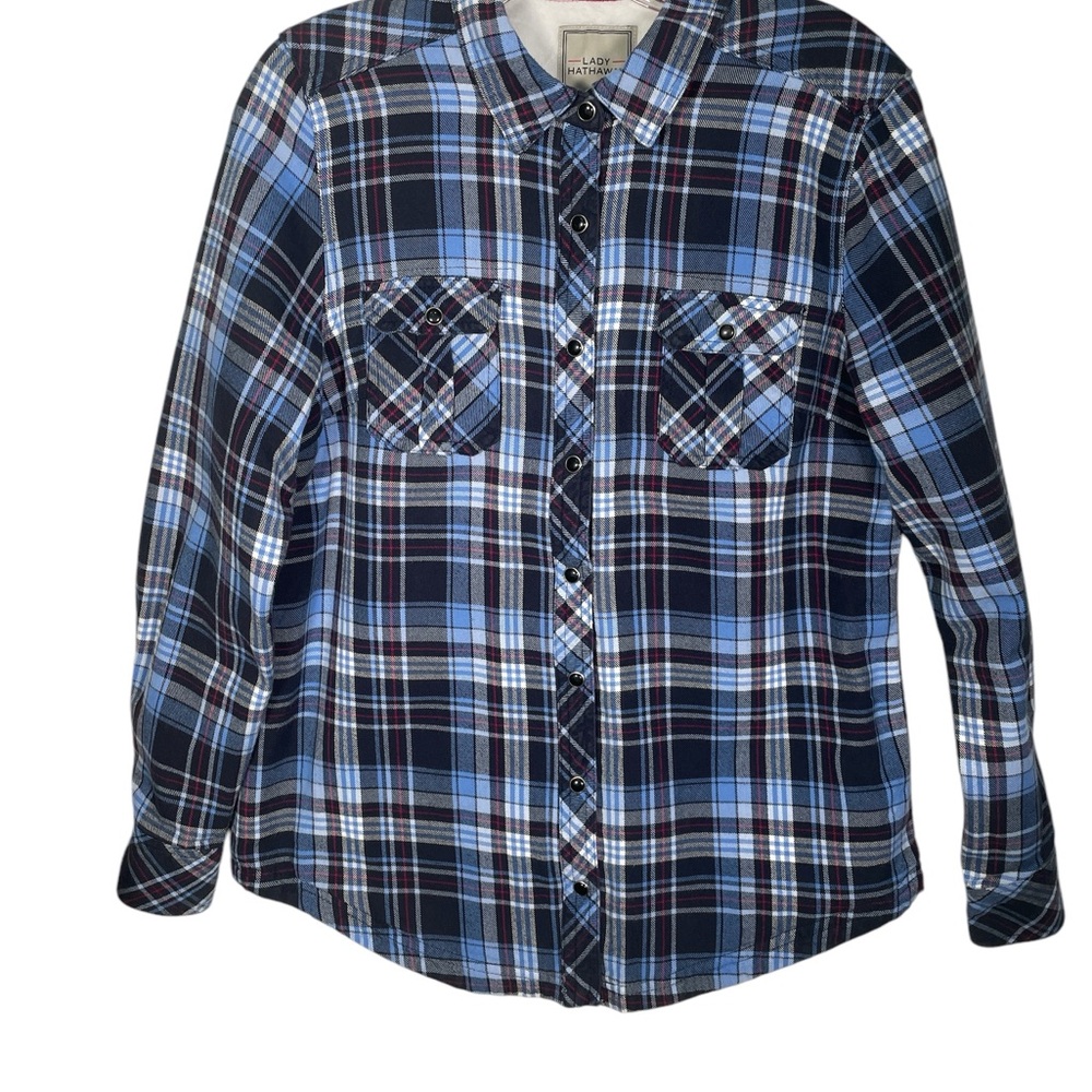 Lady Hathaway women's vintage fleece-lined plaid shirt blue& black size Medium